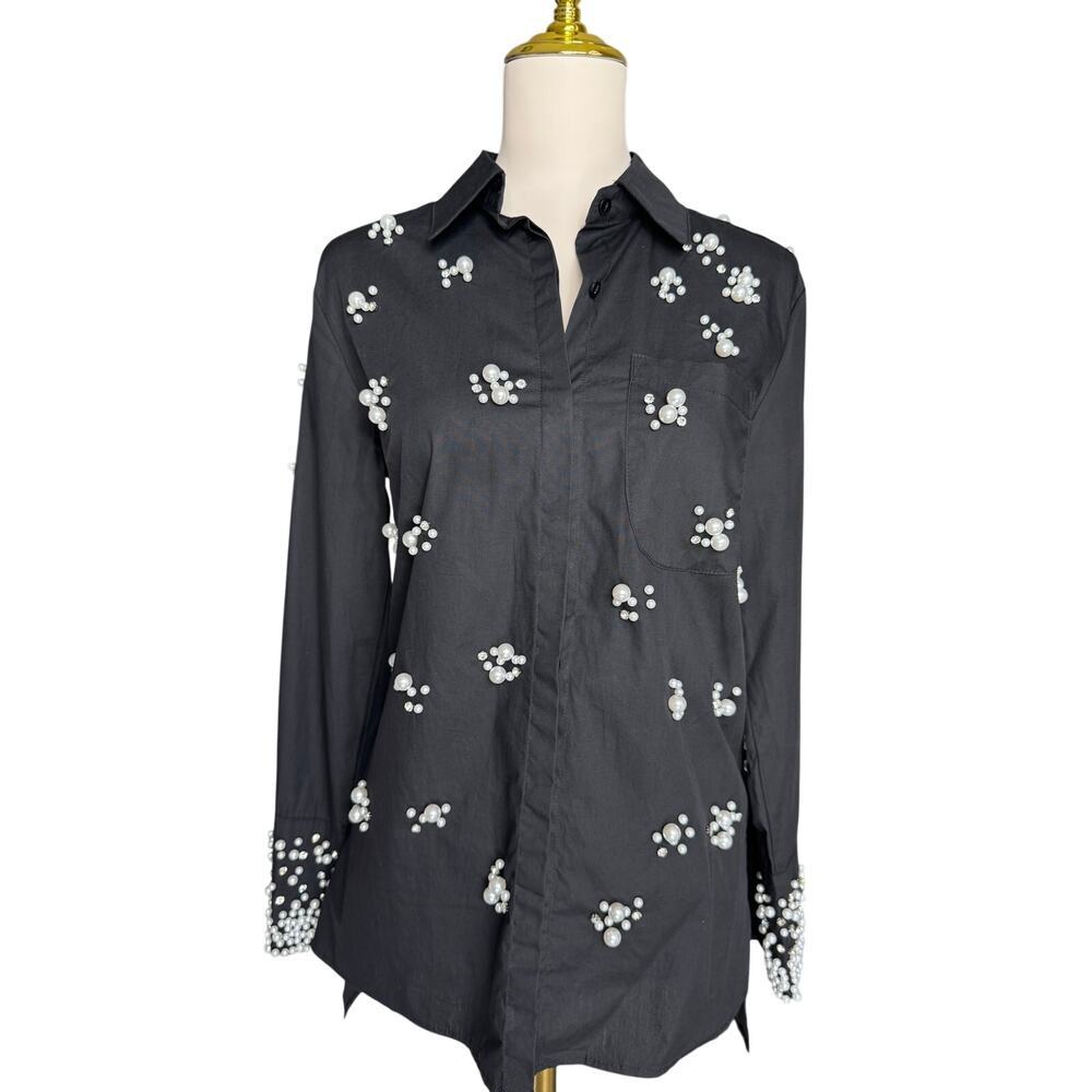 Adore Stunning Pearl Embellished Button Front Shirt Tunic Black Size Small